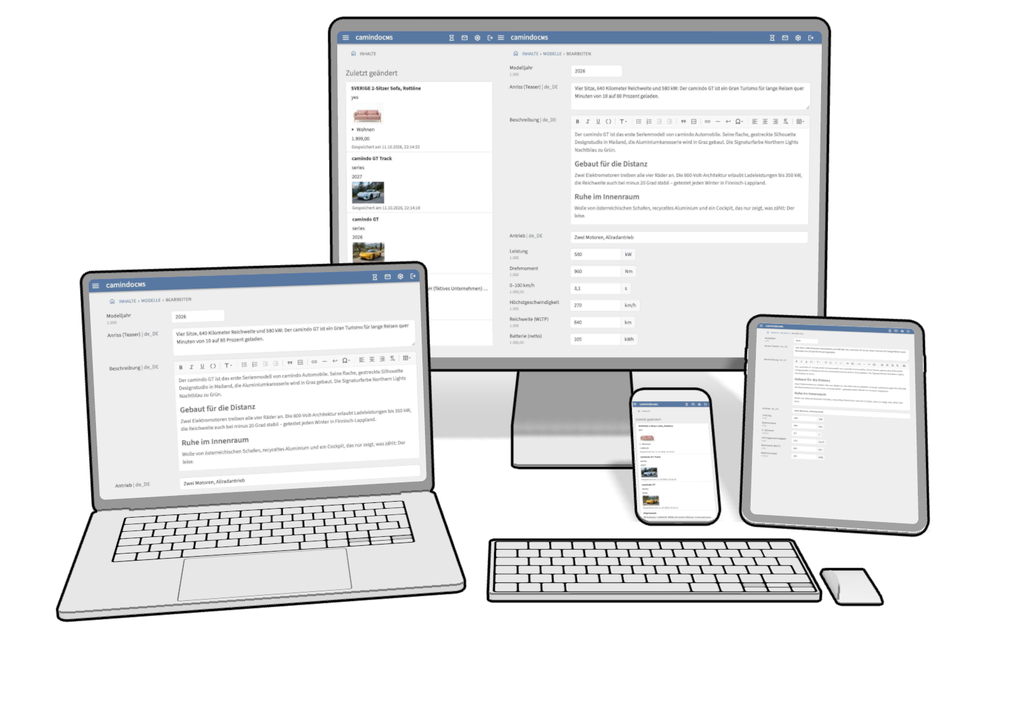 Bildschirm, Laptop, Tablet und Smartphone, alle mit der Oberfläche von camindo CMS