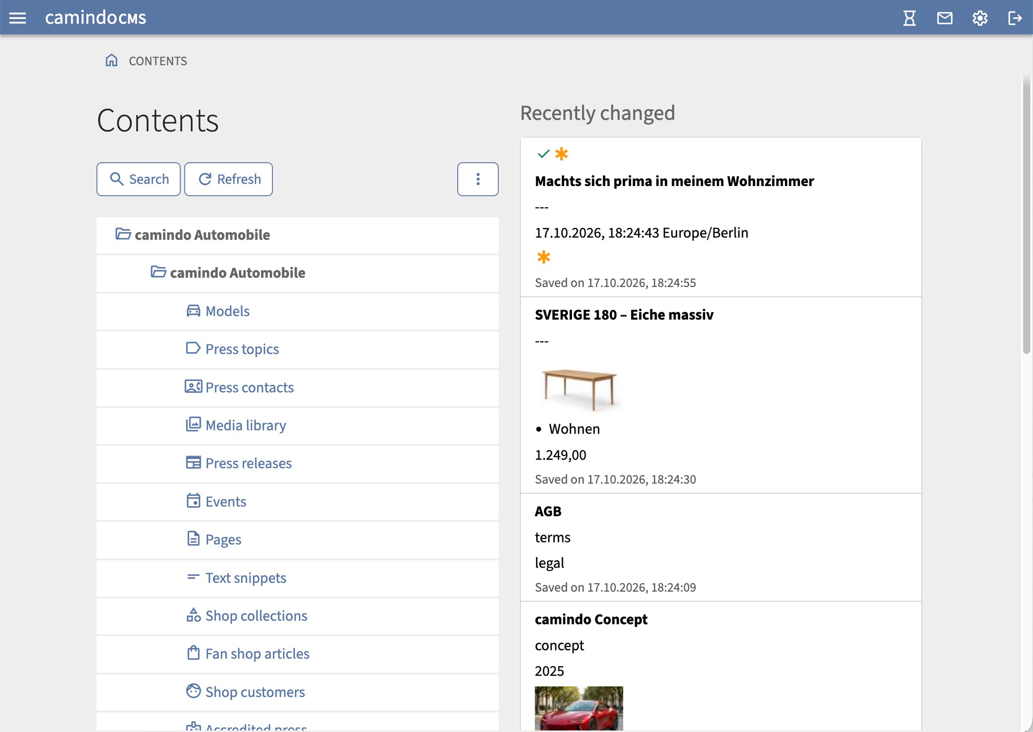 Screenshot: Start page in the “Contents” module