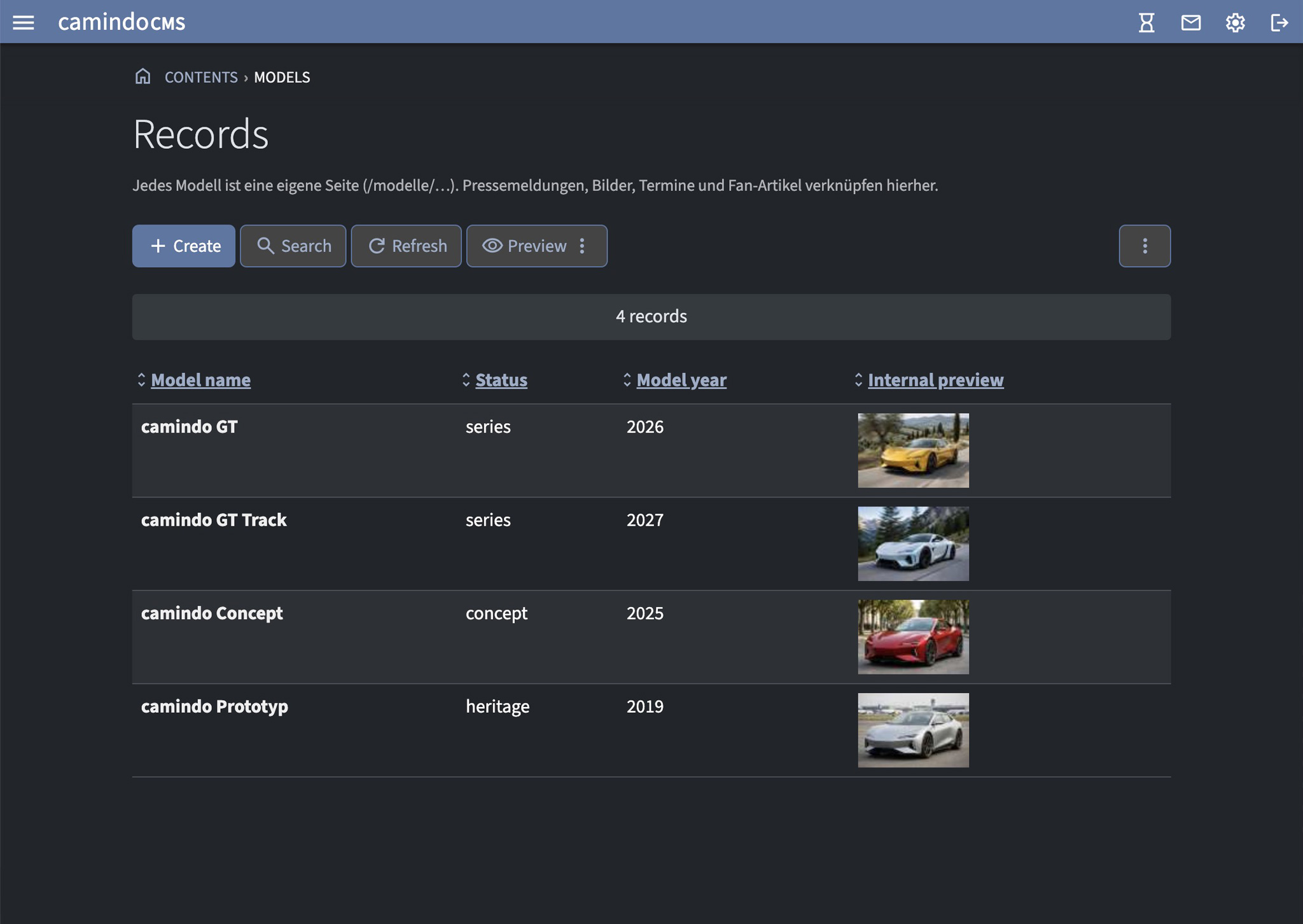 Screenshot: Record list in dark mode