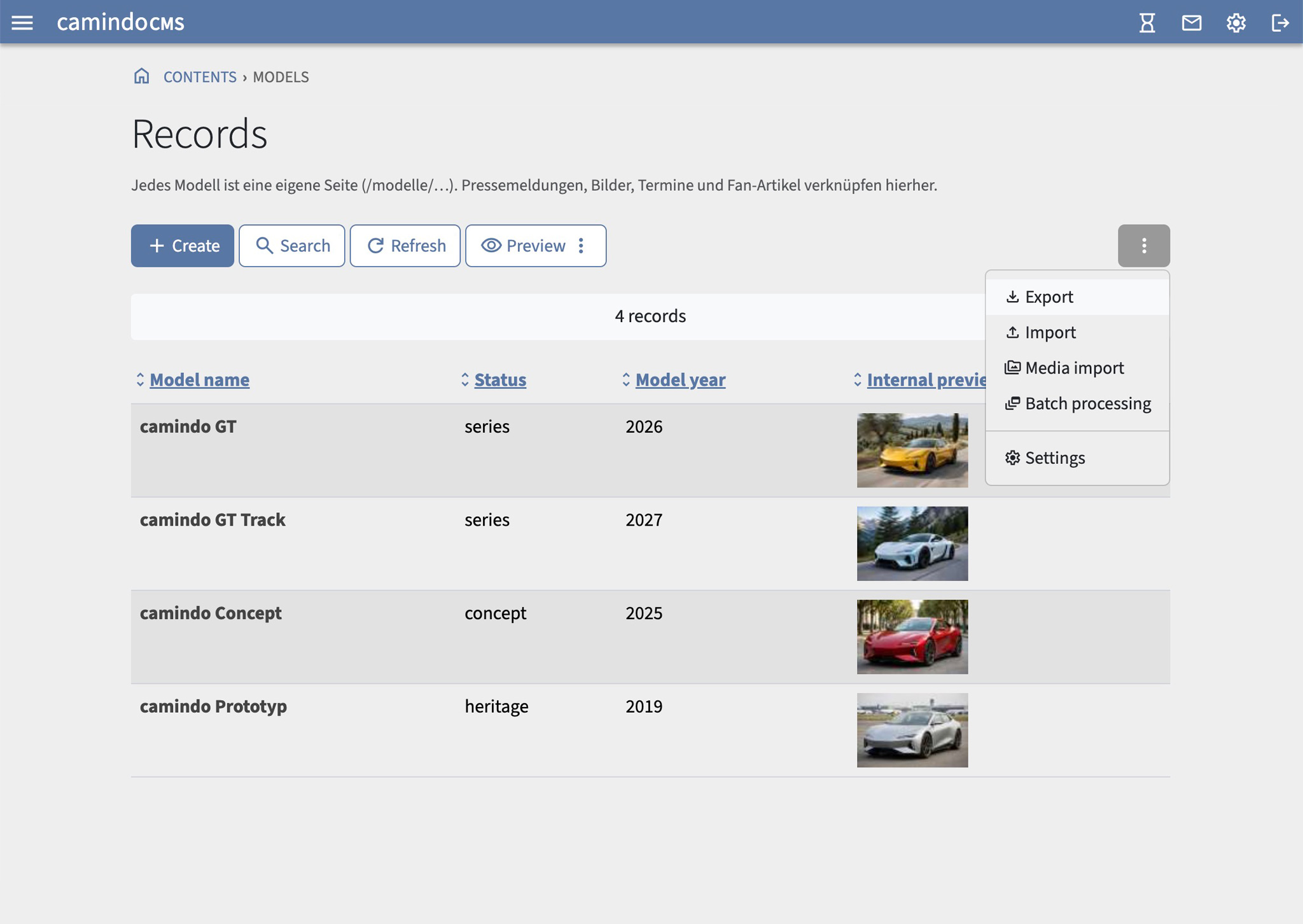 Screenshot: Record list