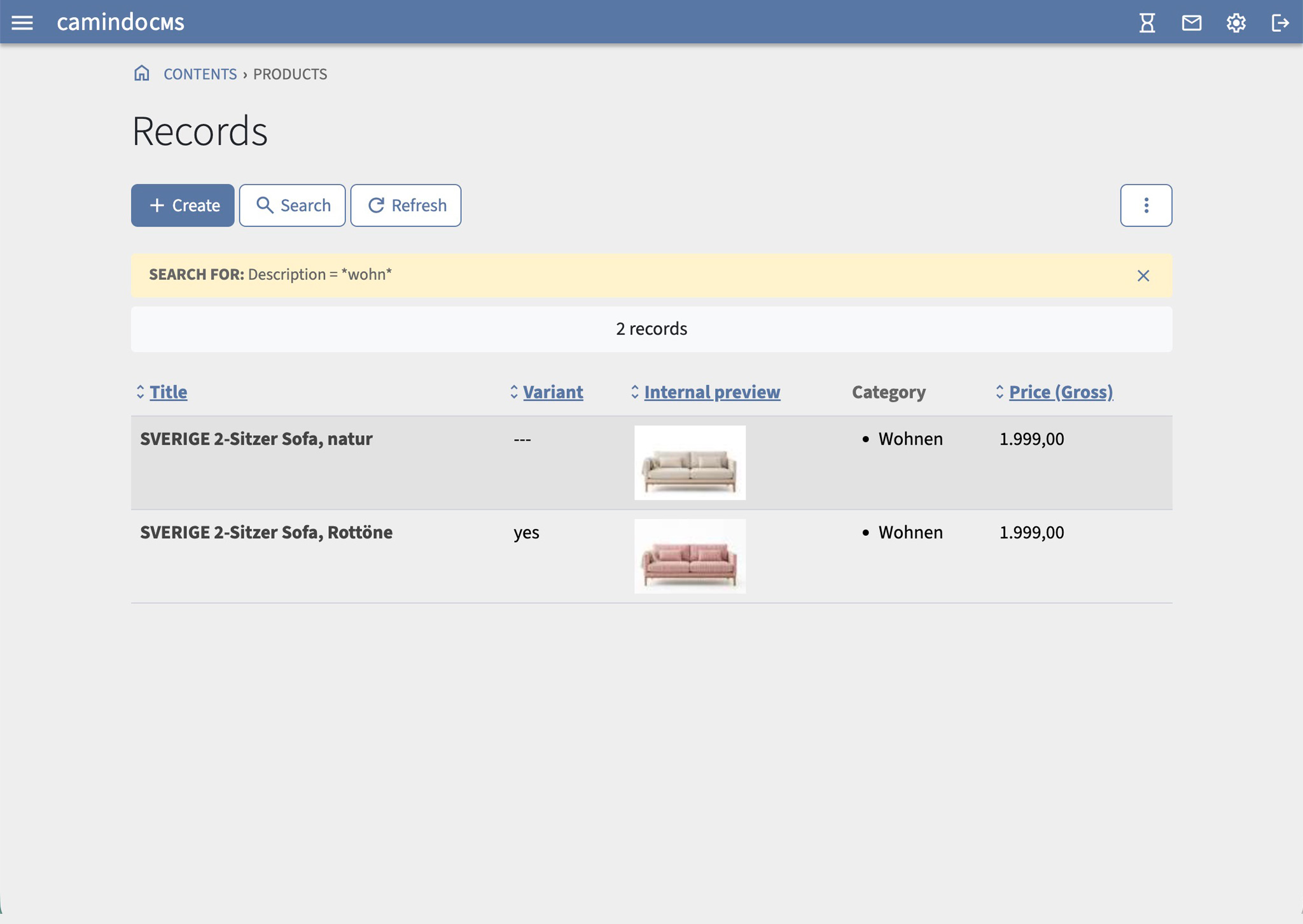 Screenshot: Search result