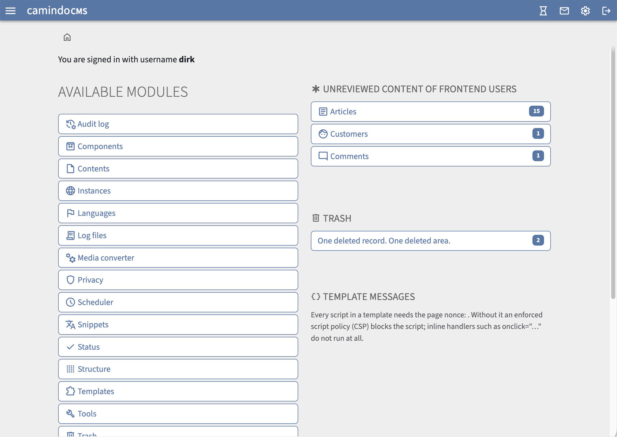 Screenshot: Start page
