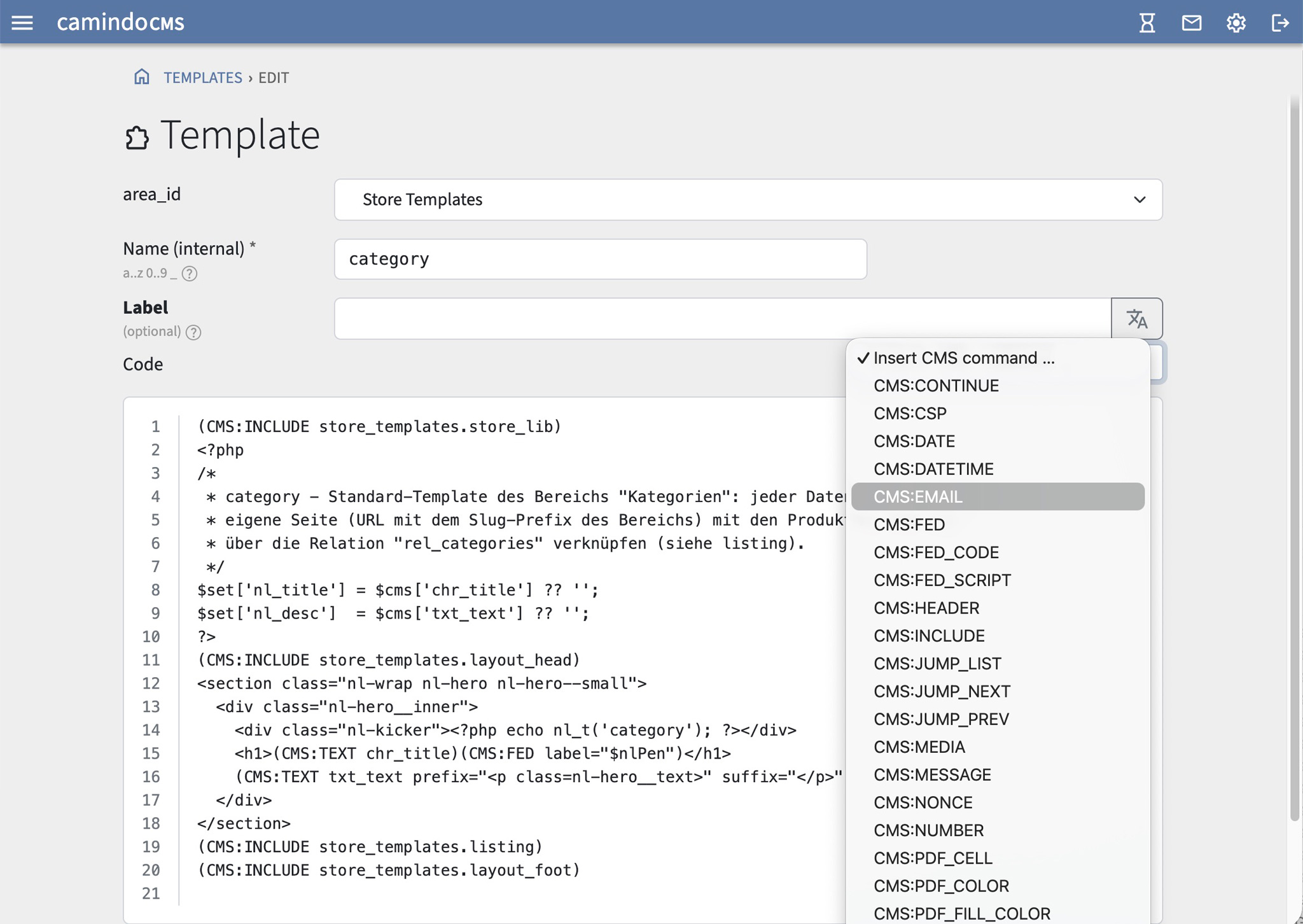 Screenshot: Template-Eingabemaske