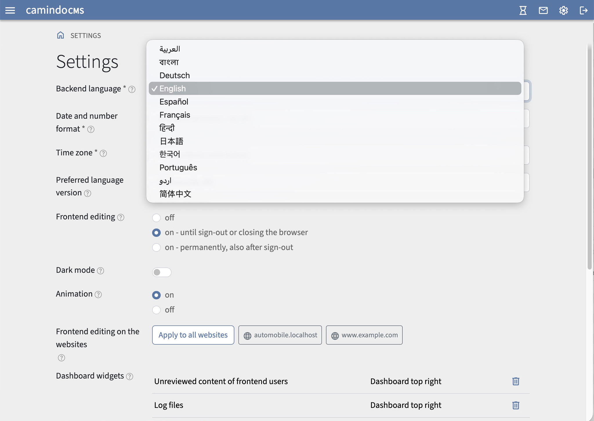 Screenshot: Personal settings