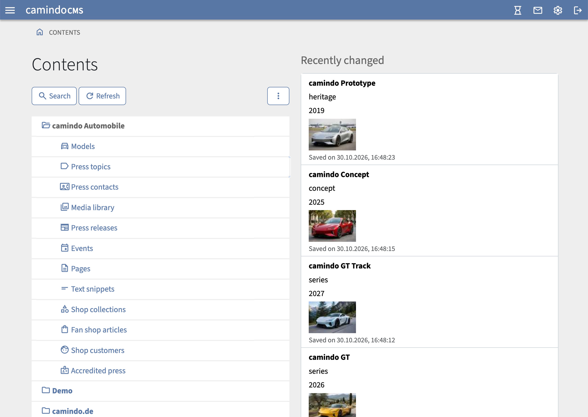 Screenshot: Startseite im Modul „Inhalte“